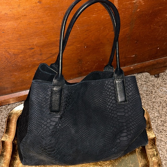 J. McLaughlin Black Suede Tote | Python Embossed | Leather Handles - Picture 3 of 10